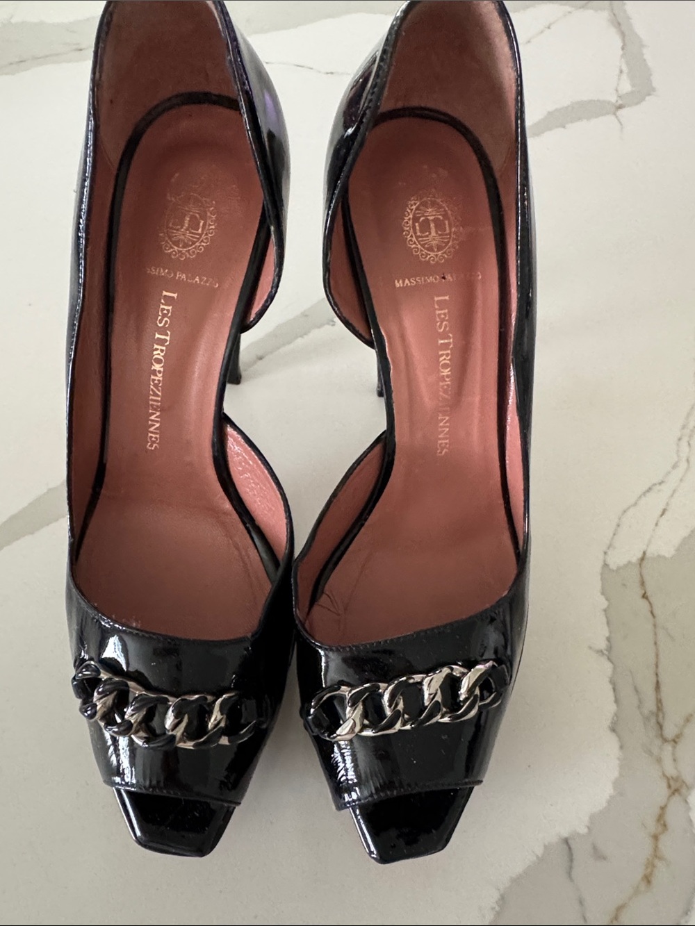 Les Tropeziennes Black Patent Peep-Toe Heels with Chain Trim 10